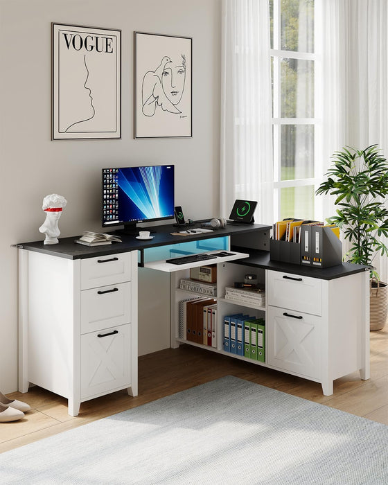 Farmhouse L Shaped Executive Desk with Drawers, 59''Home Office Corner Desks with Charging Station,File Cabinets,Storage Compartments Wood Computer Desk Writing Table W/Keyboard Tray,White