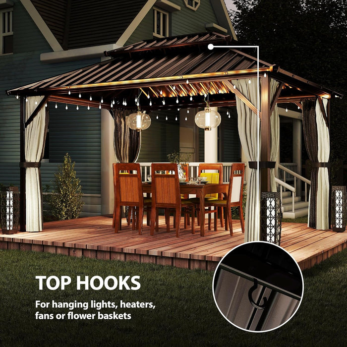10' X 14' Hardtop Gazebo with UPF50+ Double Galvanized Steel Roof Canopy, Aluminum Frame Permanent Outdoor Gazebo with Curtains and Netting, Ceiling Hooks, Brown