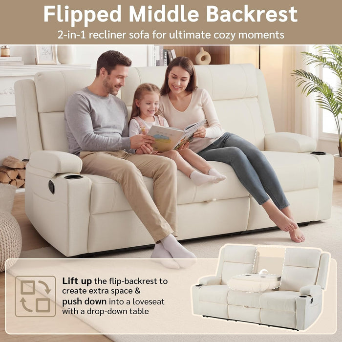 Manual Reclining Sofa, Space-Saving Reclining Couch with Convertible Table & Cup Holders & Storage Pockets, Compact 3-Seater Recliner Couch for Living Room, Home Theater & Apartment (Beige)