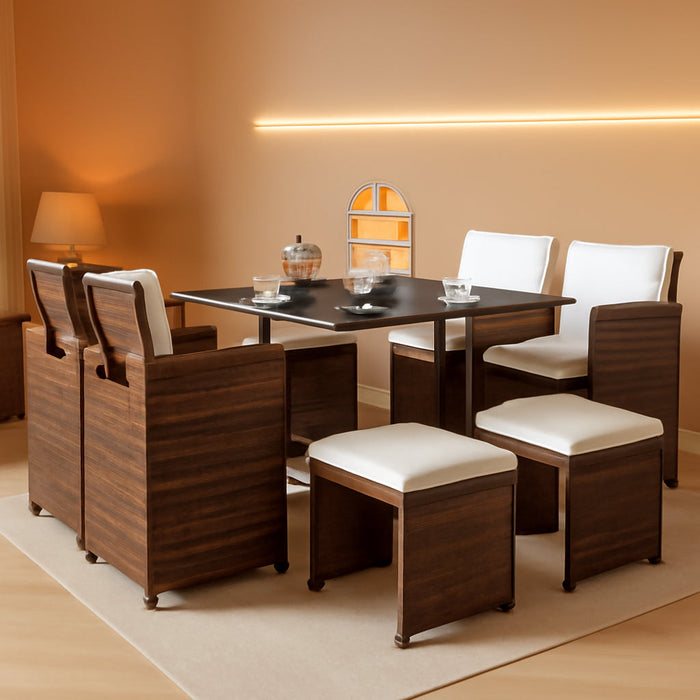 9 Pieces Patio Dining Sets Outdoor Space Saving Rattan Chairs with Glass Table Patio Furniture Sets Cushioned Seating and Back Sectional Conversation Set (Beige)