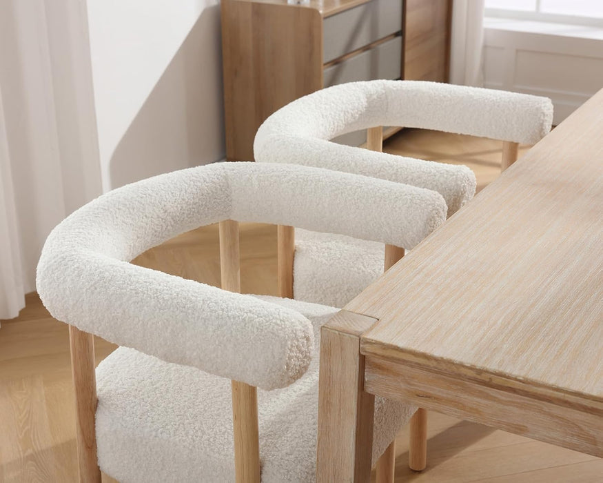 Mid Century Modern Barrel Dining Chairs Set of 2, Upholstered Kitchen & Dining Room Chairs with Arms, 21.75" Wide Faux Sherpa Boucle Accent Chairs Side Chairs for Kitchen Living Room Bedroom, White