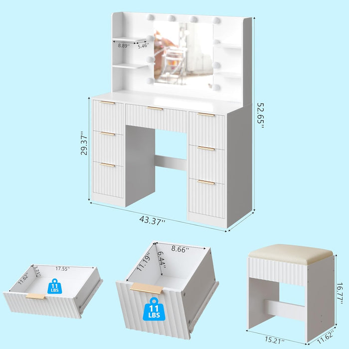 Fluted Vanity Desk with Mirror and Lights in 3 Modes and Charging Station, Makeup Vanity Table Set with 7 Drawers & Storage Shelves, Dressing Table with Chair for Bedroom, White