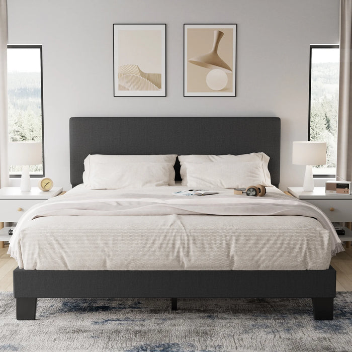 Queen Bed Frame,  Queen Size Dark Gray Upholstered Bed with Adjustable Headboard, Fabric Platform Bed Frame