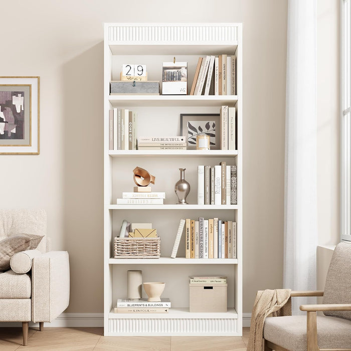 71 in Farmhouse Bookcase W/Double Fluted Design, 5 Tier Tall Bookshelf with Wooden Base, Wooden Bookshelf Rustic Vintage Book Shelf for Office Library (White, 70.8" H X 30" W X 11.9" D)
