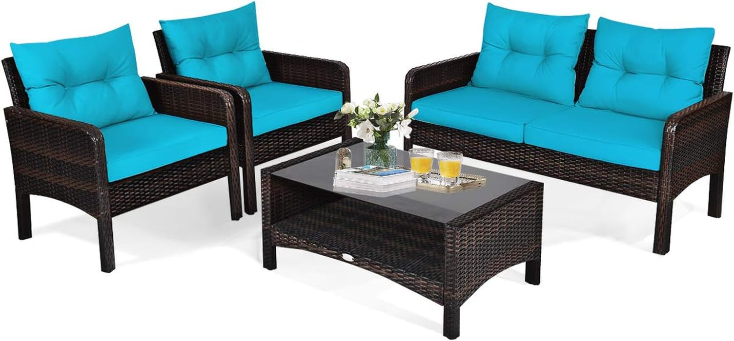 4-Piece Patio Furniture Set Outdoor Rattan Wicker Conversation Set with Coffee Table, Sectional Sofa Bistro Set with Cushions for Garden Poolside Backyard