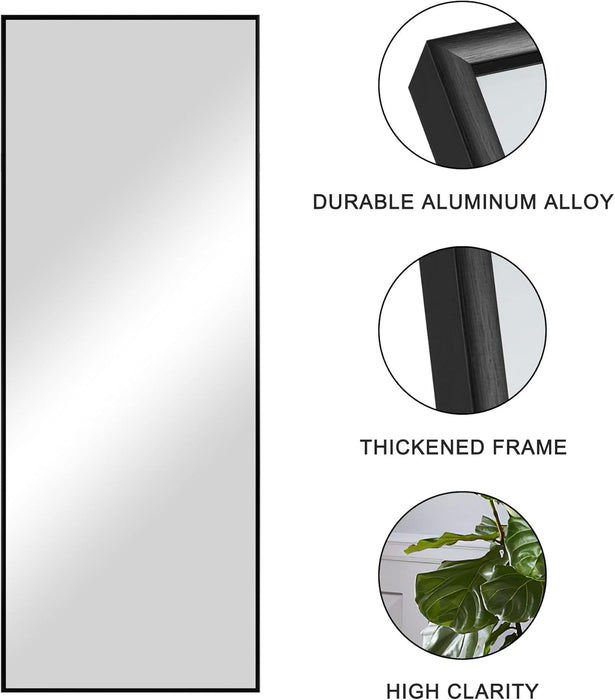 47"X16" Full Length Mirror with Standing Holder Aluminum Alloy Frame Floor Mirror Wall-Mounted Mirror for Living Room, Bedroom, Hanging or Leaning against Wall, Black (With Stand)