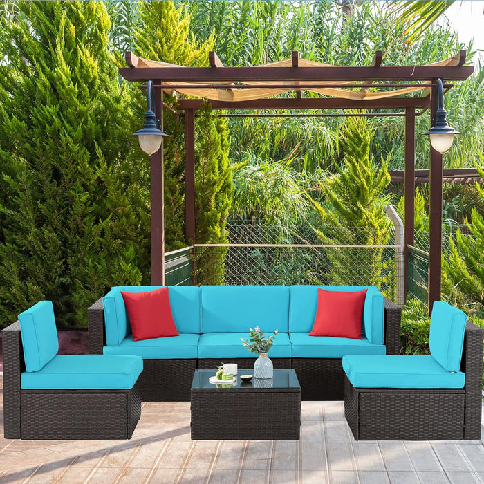6 Pieces Patio Furniture Sets Outdoor All-Weather Sectional Patio Sofa Set PE Rattan Manual Weaving Wicker Patio Conversation Set with Glass Table & Ottoman Cushion and Red Pillows, Blue