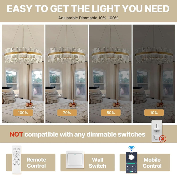 23.6''Gold Modern LED Crystal Chandelier- Contemporary Chandelier Light Fixture,Luxury Adjustable Height Chandeliers,3 Colors Dimmable Pendant Ceiling Light for Dining Room Foyer with Remote Control