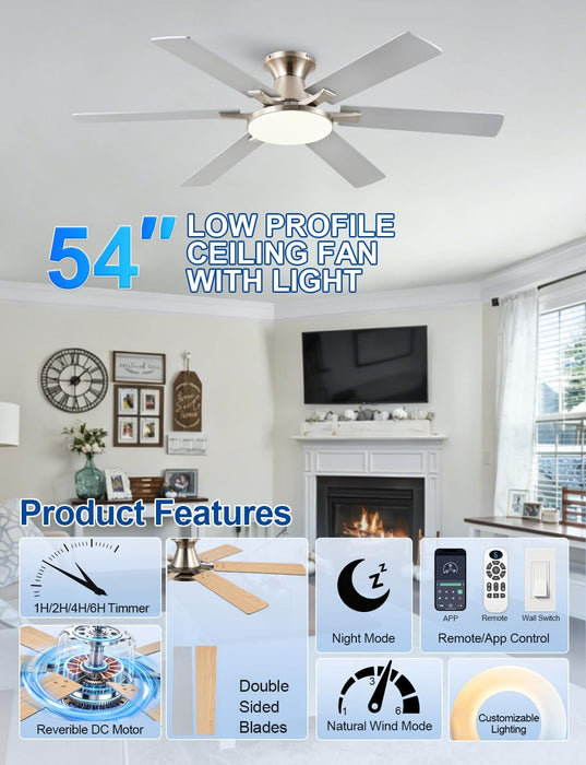 Modern Nickel Ceiling Fan Silent Brushed Steel Finish