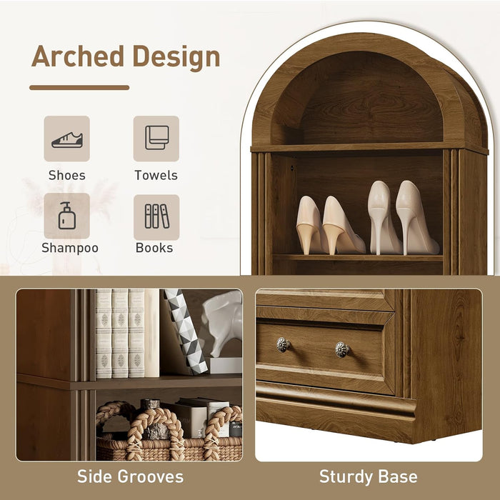 Tall Narrow Bookshelf, Arched Bookshelf with 2 Drawers, 7-Tier Farmhouse Arch Bookcase, Wooden Book Shelf with Open Display Shelves for Office, Living Room, Kitchen, Walnut