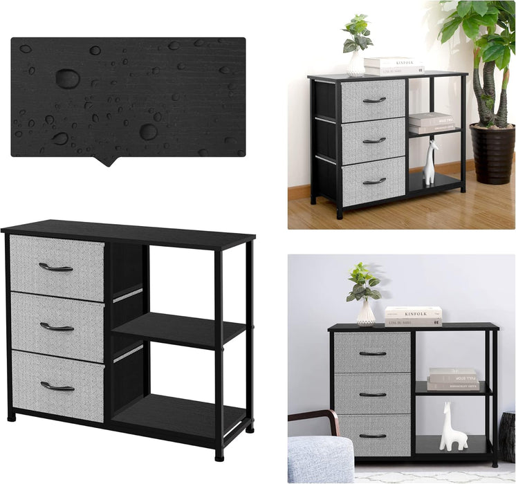 Rustic Brown Fabric Dresser, 4 Drawer Organizer Unit with 2 Shelves, Storage Chest for Bedroom, Entryway, Hallway, Living Room, Office, Grey with Black