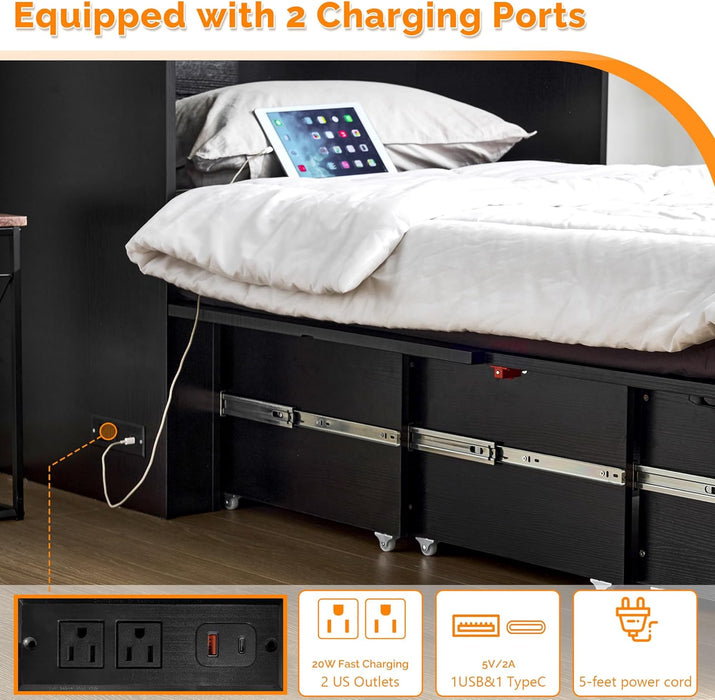 Queen Murphy Bed With Black IntegratedChargingStations LedLighting