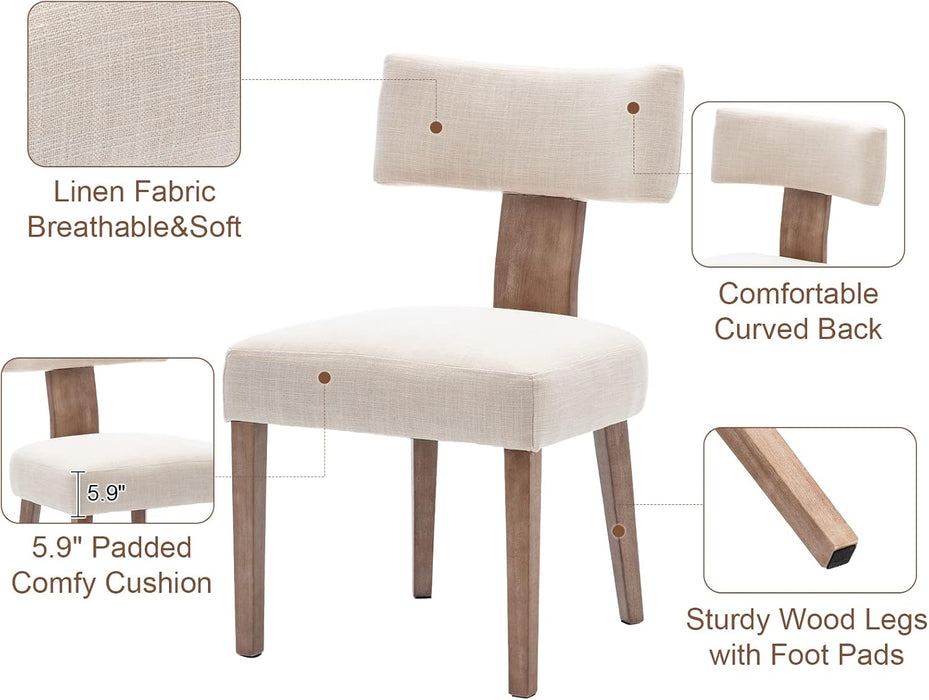 Mid Century Modern Dining Chairs Set of 2, Upholstered Wooden Dining Room Chairs, Farmhouse Kitchen Chairs, Accent Armless Side Chairs with Curved Back for Living Room, Beige Linen, 2PCS