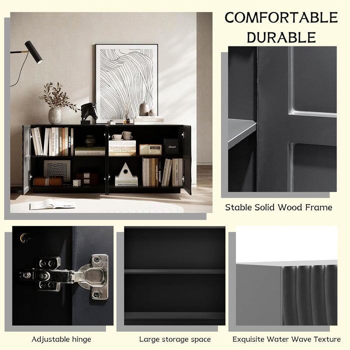 59" 4-Door Buffet Cabinet with Storage, Modern Accent Sideboard Buffet Table for Kitchen or Dining Room, Textured Ripple Front Freestanding Cabinet for Dishes & Decor, Black