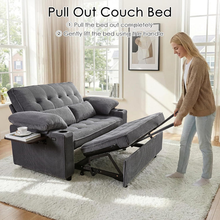 58In Sleeper Sofa Bed DarkGrey FoldableSideTable SpaceSaving