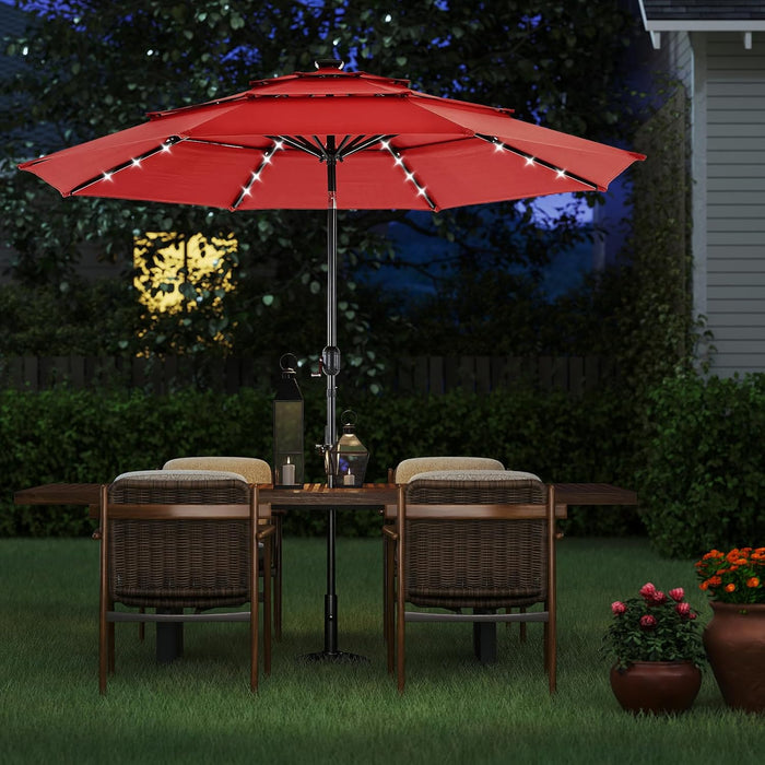10Ft Solar Patio Umbrella with 32 LED Lights, Table Market Umbrella with Tilt Adjustment & Crank Lift, Outdoor Sun Shelter for Garden, Deck, Backyard, Pool and Beach