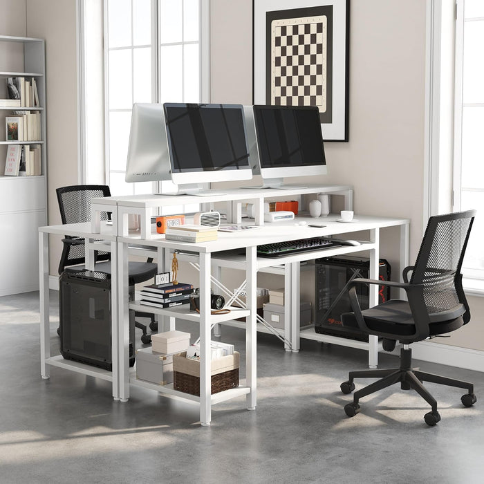 48 Inch Computer Desk, Home Office White with Keyboard Tray, Gaming with Full Monitor Stand, Storage Shelves & CPU Stand, Modern Study Writing Table Studio Work with Shelf