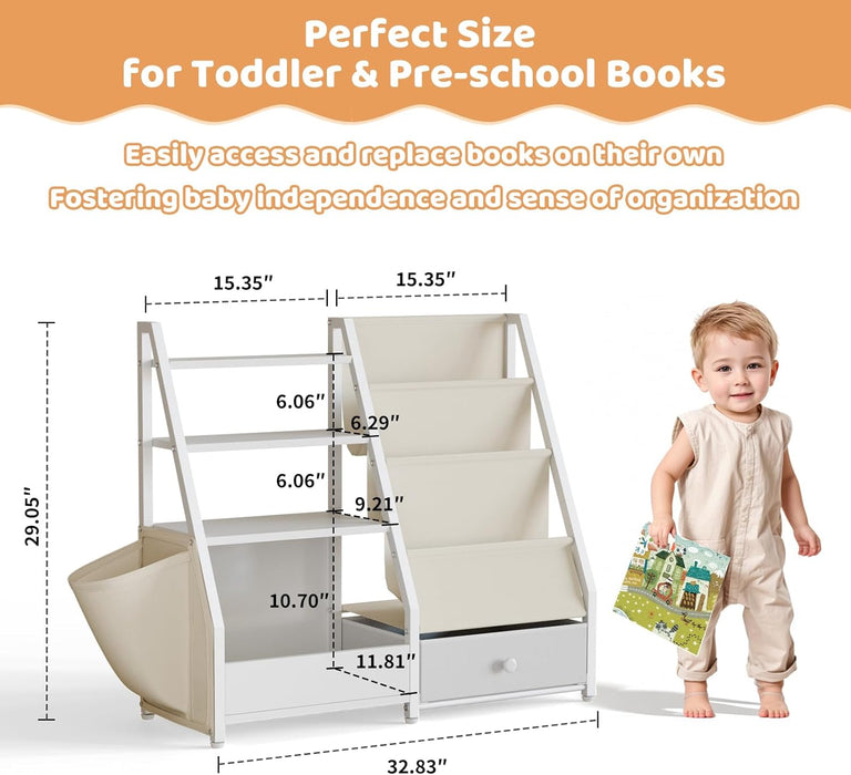 Kids Bookshelf and Toy Storage - Book Shelf for Kids Rooms, Toddler Bookshelf Baby Bookcase for Nursery, Montessori Toy Organizer, White