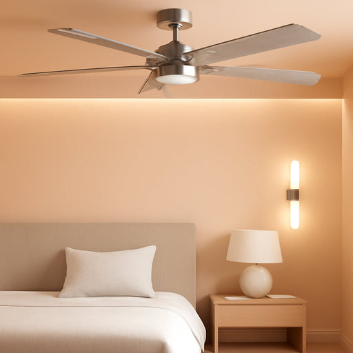 52 Inch Ceiling Fan Brushed Nickel Remote Controlled Dimmable Light Combo - Quiet Reversible - 5 Grey Blades