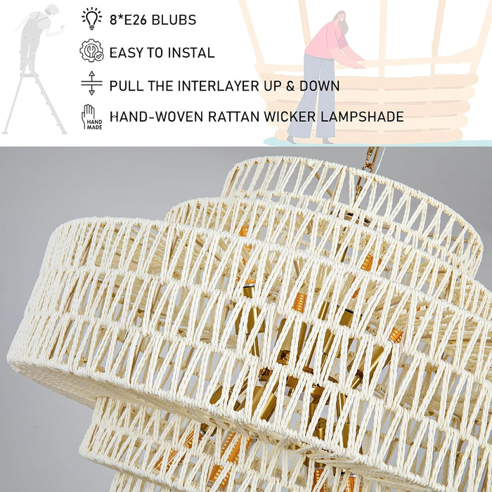 White Chandelier Large Rattan Lights for Living Room 8-Light