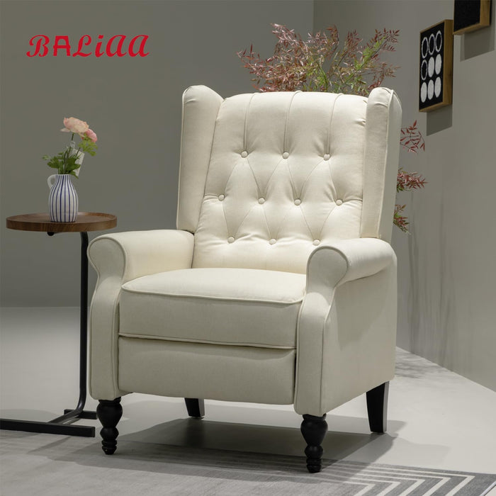 Mid Century Wingback Recliner Chair for Adults, Modern Linen Fabric Push Back Recliner Chairs with Button Tufted Upholstered Back & Footrest, Manual Recliner Chais for Living Room, Nursery, Beige