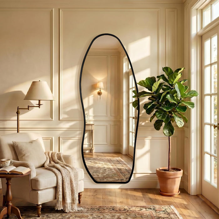 Irregular Full Length Mirror -Black Decor Floor Mirror with Stand 63"X 24"