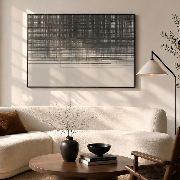 Framed Abstract Wall Art, Large Minimal Neutral Line Canvas Wall Art | Neutral Grey Grid Texture, Modern Minimalist Textured Painting for Living Room & Bedroom, Ready to Hang, 48X32 Inch