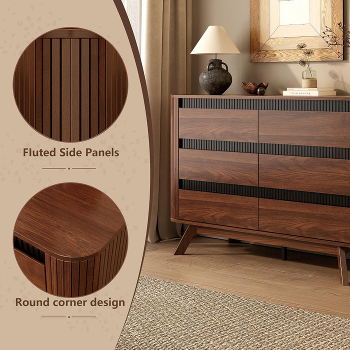 Fluted 6 Drawer Dresser for Bedroom, 47W X 31H, Modern Walnut Brown