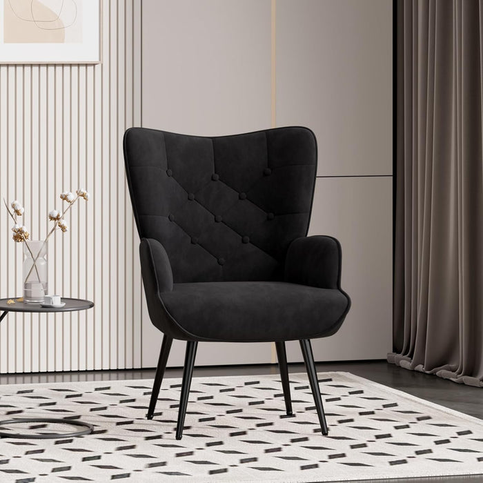 Black Mid Century Velvet Upholstered Wingback Armchair