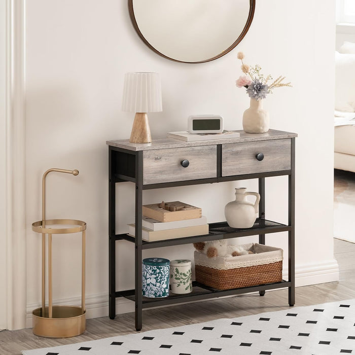 29.5" Narrow Console Table with 2 Fabric Drawers, Sofa Table, Small Entryway Table with 3-Tier Storage Shelves, behind Couch Table, for Living Room, Hallway, Greige and Black BG72XG01