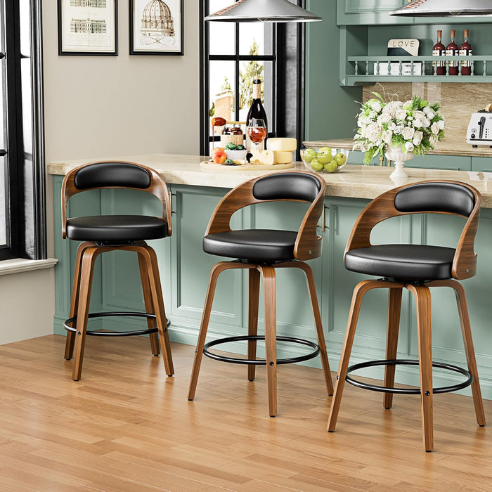 Bar Stools Set of 2, 26" Bentwood Counter Height Barstools, Black | Swivel, Mid-Century Modern, Faux Leather, Ergonomic Backrest, Padded Seat, Bentwood Legs, Footrest, for Kitchen Island, Bar