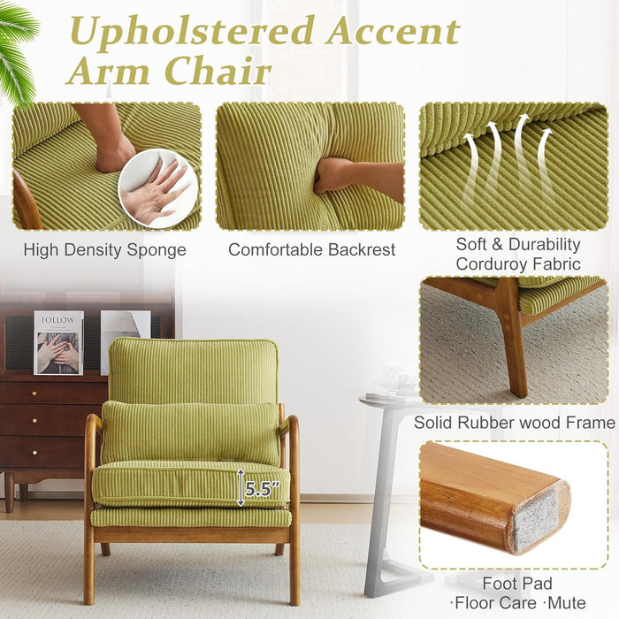 Upgraded Premium Corduroy Accent Chair,Upholstered Arm Chair,Solid Wood Comfy Reading Chair with Lumbar Pillow, Mid Century Modern Chairs for Living Room,Bedroom,Guest Room,Green