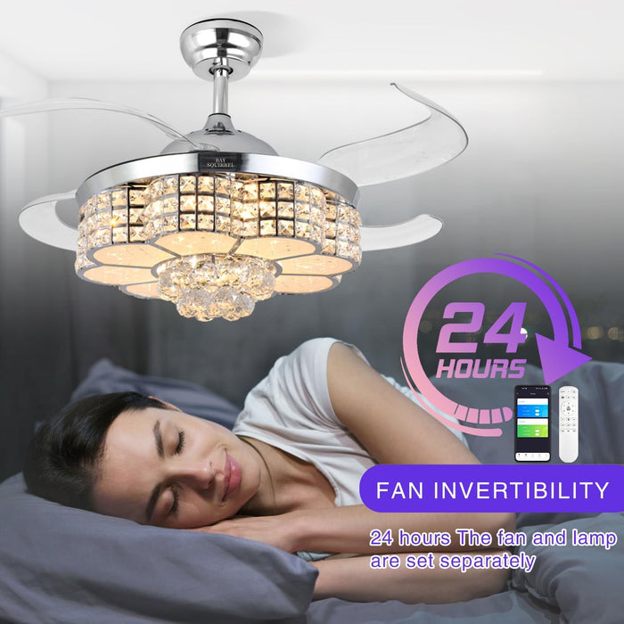 Retractable Ceiling Fan with Light and Remote/App Control, Bluetooth Ceiling Fans with Speaker, RGB-LED Light 6 Speeds Reversible Blades,Chandelier Crystal Ceiling Fan with Lights