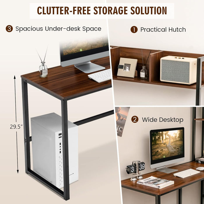 Reversible L-Shaped Desk with Hutch, Space Saving Corner Computer Desk with Storage Shelves, Home Office Study Writing Desk Computer Workstation with Storage Bookshelf, Gaming Desk