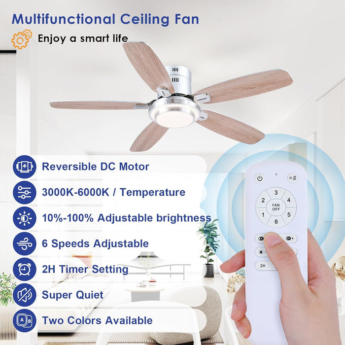 50 Inch Low Profile Ceiling Fans with Lights and Remote, Modern Brushed Nickel Flush Mount Ceiling Fan, 3CCT, Dimmable, Quiet DC Reversible Motor, for Bedroom Living Room Indoor/Outdoor Use