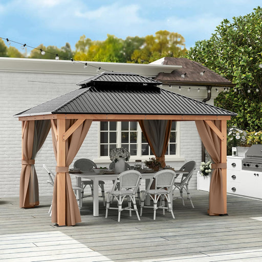 11X13 Wood Gazebo, Outdoor Hardtop Gazebo with Netting and Curtains, Double Galvanized Steel Roof, Deck Hard Top Gazebo for Backyard, Patio (Brown)