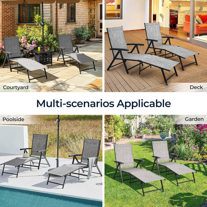 Outdoor Folding Chaise Lounge Set of 2 Patio Reclining Chairs W/Adjustable 7-Position Back for Beach Pool Garden Yard Deck Gray