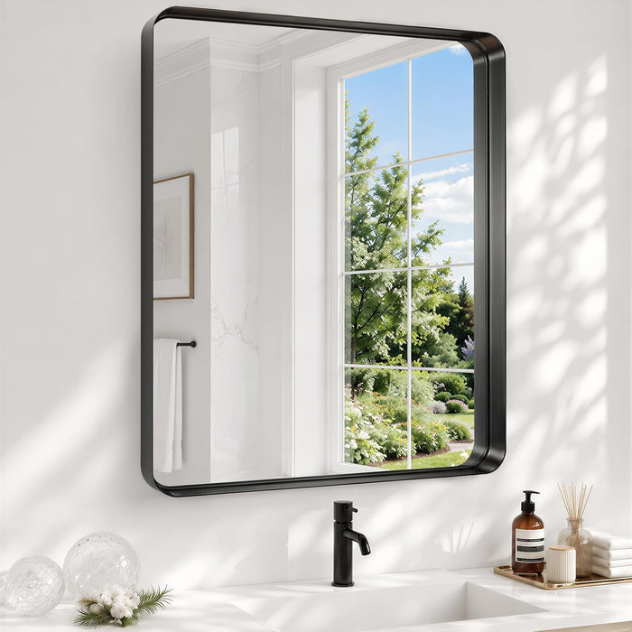 30X36 Inch Black Bathroom Mirror Metal Framed, HD Tempered Glass