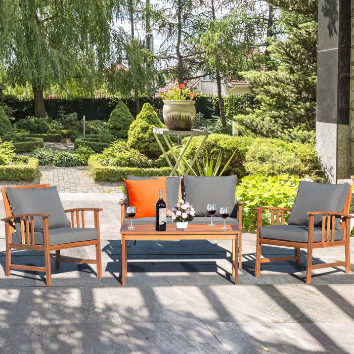 4 Pieces Acacia Wood Patio Furniture Set, Outdoor Seating Chat Set with Gray Cushions & Back Pillow, Conversation Set with Coffee Table, Ideal for Garden, Backyard, Poolside