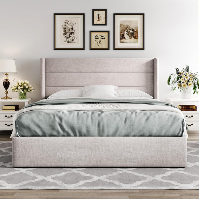 Full Size Lift up Storage Bed, Modern Wingback Headboard, Hydraulic Support, No Box Spring Needed, Light Beige