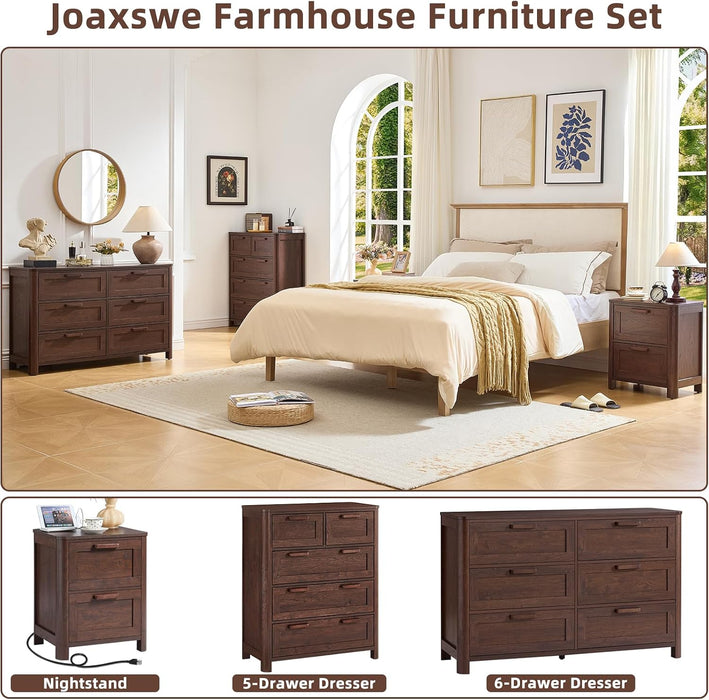 Farmhouse 5 Drawer Dressers for Bedroom, Walnut