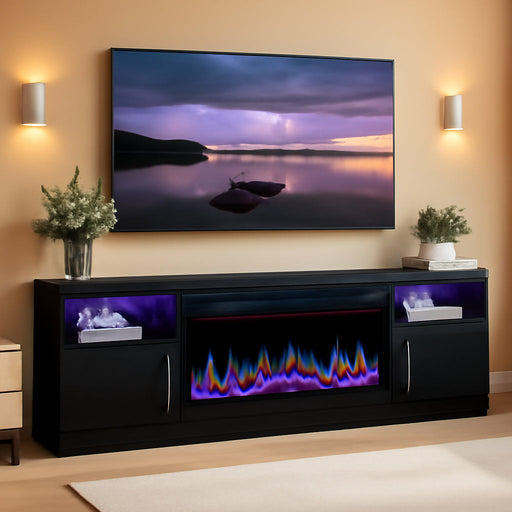 Fireplace with TV Stand 36" Inch Electric Fireplace up to 80" Tvs, LED Light Entertainment Center, 70" Modern Wood High Gloss with Highlight Storage Cabinet for Living Room (Black)