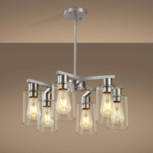 Brushed Nickel Six Light Farmhouse Chandelier Glass