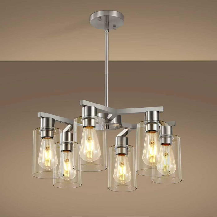 Brushed Nickel Six Light Farmhouse Chandelier Glass