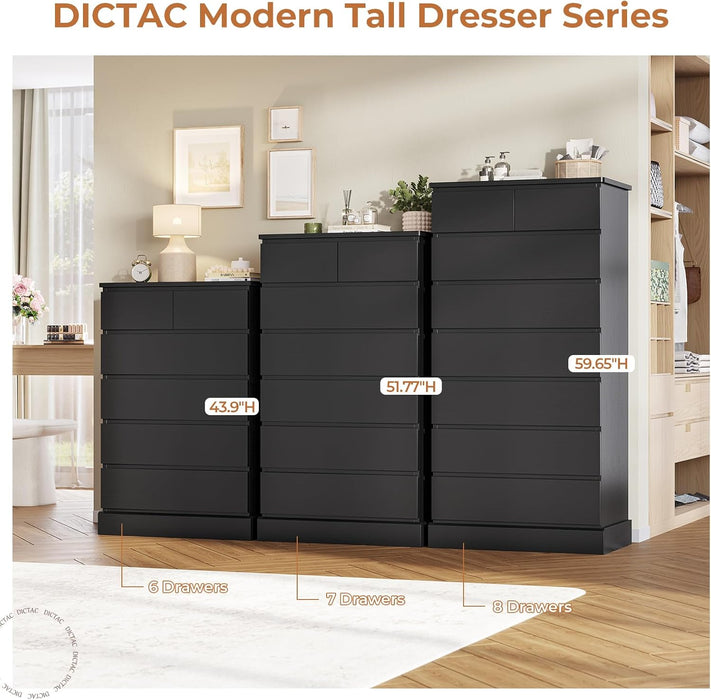 Black Tall Dresser for Bedroom with 8 Drawers, 59.6" Tall Dressers & Chests of Drawers, Modern Wood Closet Organizer and Storage Cabinet, Large Vertical Dresser for Bedroom, Closet, Hallway