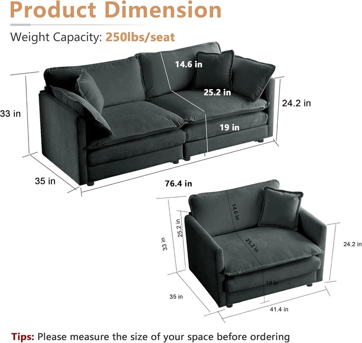 Luxury 2 Piece Loveseat Couch & Sofa Armchair Set, Modern Upholstered Chenille Cloud Couches Set Furniture with 5 Pillow for Living Room Bedroom Office Apartment, Grey