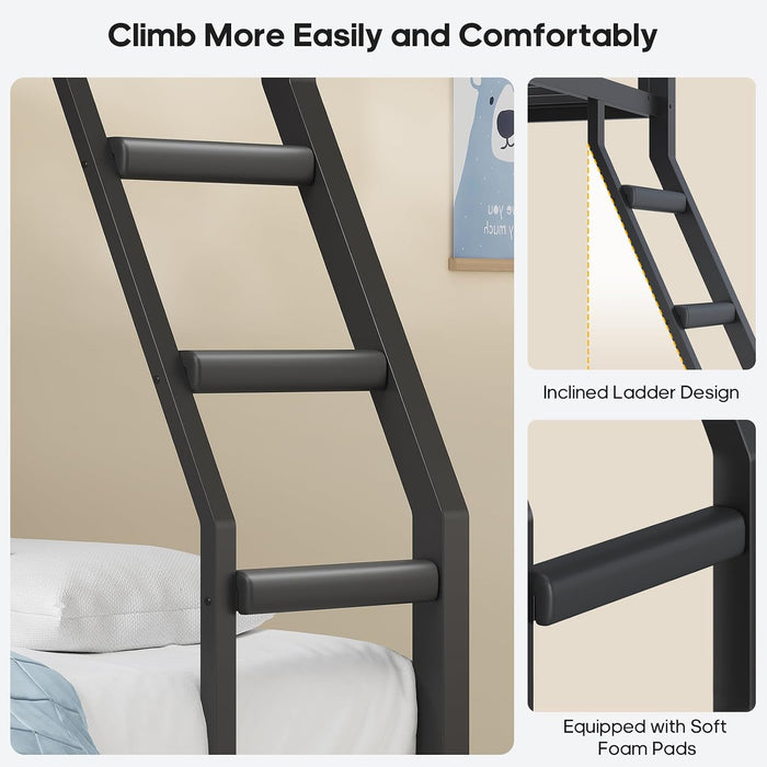 Bunk Bed Twin over Twin with 4 Storage Drawers & Shelves & Bedside Caddy, Twin Bunk Beds with Charging Station & LED Lights, Metal Loft Bed with Safety Guardrail & Angled Ladder, Black & Grey