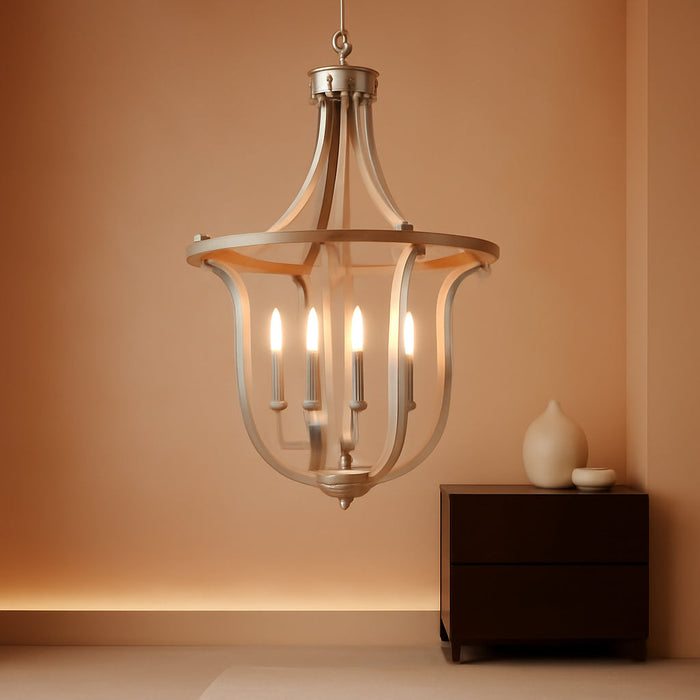 12.6" Modern Chandelier Farmhouse 4 Light Geometric Cage Pendant Hanging Lighting Fixture Adjustable Height Brushed Nickel and Wood Grain Finish for Dining Room Living Room Foyer