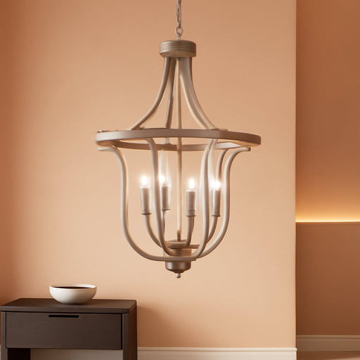 12.6" Modern Chandelier Farmhouse 4 Light Geometric Cage Pendant Hanging Lighting Fixture Adjustable Height Brushed Nickel and Wood Grain Finish for Dining Room Living Room Foyer