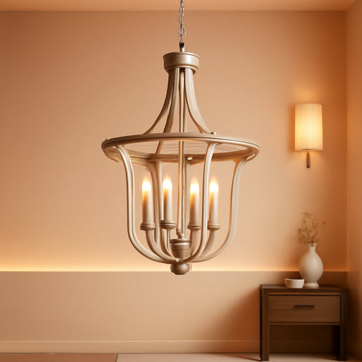 12.6" Modern Chandelier Farmhouse 4 Light Geometric Cage Pendant Hanging Lighting Fixture Adjustable Height Brushed Nickel and Wood Grain Finish for Dining Room Living Room Foyer